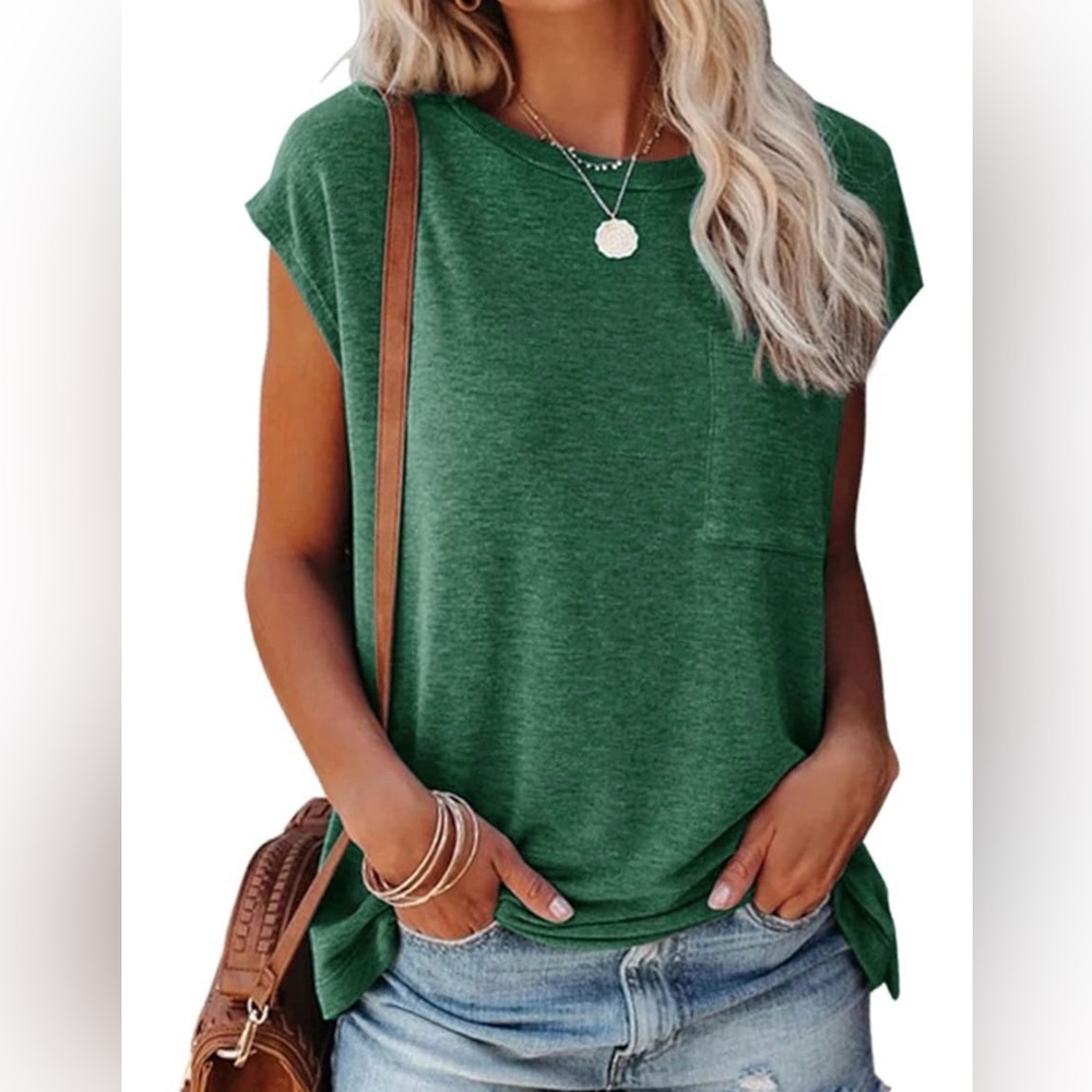 Casual Green Cap Sleeve Pocket Top